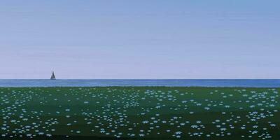 bloemen veld- Bij de rand van kliffen hebben de zee en dramatisch lucht achter vector illustratie. zeegezicht concept met blanco ruimte.