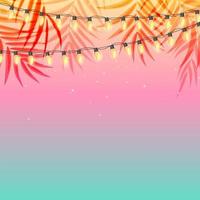 zomervakantie ontwerp zonsondergang met palmbladeren en gele guirlande gloeilampen vector