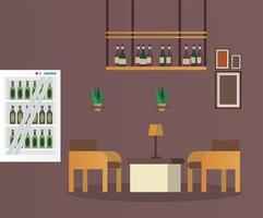 elegante tafel en stoelen met wijnflessen restaurant forniture scène vector