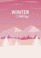 schoonheid roze winterlandschap scène met bergen en bomen vector