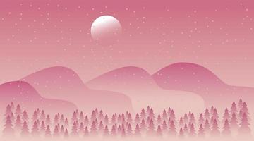 schoonheid roze winterlandschap met bos en bergen scène vector