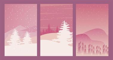 schoonheid drie roze scènes van winterlandschappen vector