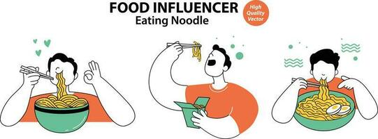 voedsel beïnvloeder, voedsel vlogger aan het eten noodle vector