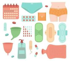 menstruatie- periode set. kussentjes, menstruatie- beker, ondergoed. vector concept illustratie in vlak stijl