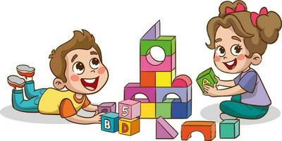 illustratie van kinderen spelen met kleurrijk blokken Aan een wit achtergrond vector