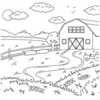 prachtige natuurlijke landschap op boerderij. kleurboekpagina voor kinderen. cartoon-stijl. vectorillustratie geïsoleerd op een witte achtergrond. vector
