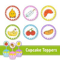 cupcake toppers. set van zes ronde foto's. thema barbecue. stripfiguren. schattig beeld. voor verjaardag, babydouche. vector