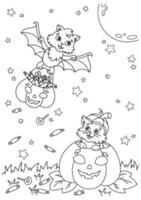 een knuppel draagt een pompoen mand met snoepgoed. schattig kat zit in een pompoen. halloween thema. kleur boek bladzijde voor kinderen. tekenfilm stijl. vector illustratie geïsoleerd Aan wit achtergrond.