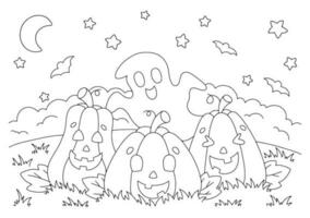 vrolijk vrienden. halloween pompoenen en geest. kleur boek bladzijde voor kinderen. tekenfilm stijl karakter. vector illustratie geïsoleerd Aan wit achtergrond.