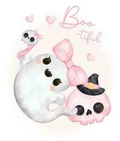 schattig gelukkig glimlach kawaii roze geest halloween kijkje een boe van schedel tekenfilm karakter bootiful waterverf hand- geschilderd vector