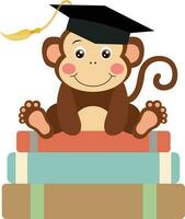 schattig aap met diploma uitreiking pet zittend Aan top van boeken vector