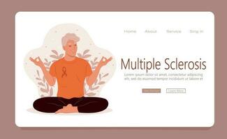 meditatie concept web sjabloon. een ouderen vrouw mediteert in natuur. de praktijk van meditatie kan helpen verminderen de symptomen van meerdere sclerose. vector