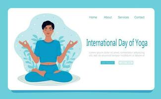 Internationale dag van yoga. vrouw met Gesloten ogen mediteren in yoga lotus houding. web bladzijde sjabloon. vlak vector illustratie.