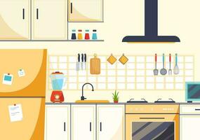 keuken architectuur vector illustratie met meubilair en interieur zo net zo tafel, fornuis en koelkast in vlak tekenfilm hand- getrokken achtergrond Sjablonen