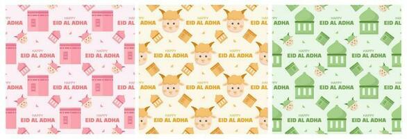 reeks van gelukkig eid al adha mubarak naadloos patroon van moslims viering met offer dieren in sjabloon hand- getrokken tekenfilm vlak illustratie vector