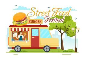 straat voedsel festival evenement vector illustratie met mensen en voedingsmiddelen vrachtwagens in zomer buitenshuis stad park in vlak tekenfilm hand- getrokken Sjablonen