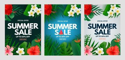 zomer verkoop a4 verticale poster set natuurlijke achtergrond met tropische palmbladeren exotische plumeria en hibiscus bloem vector