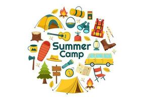 zomer kamp vector illustratie van camping en op reis Aan vakantie met uitrusting zo net zo tent, rugzak en anderen in vlak tekenfilm Sjablonen