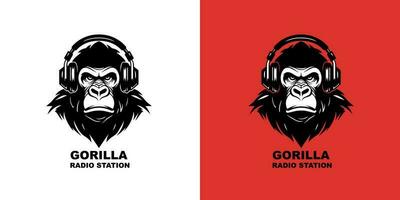 een gorilla vervelend hoofdtelefoons vector logotype Aan rood en wit achtergrond. logo Mark