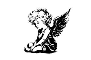 weinig engel vector retro stijl gravure zwart en wit illustratie. schattig baby met Vleugels