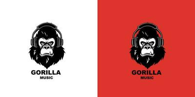 een gorilla vervelend hoofdtelefoons vector logotype Aan rood en wit achtergrond. logo Mark
