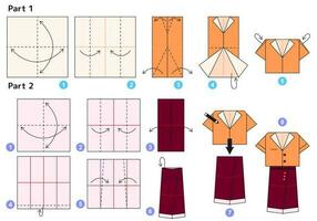 rok en overhemd origami regeling zelfstudie in beweging model. origami voor kinderen. stap door stap hoe naar maken een schattig origami kostuum voor Dames. vector illustratie.