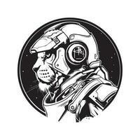 futuristische leeuw soldaat, wijnoogst logo lijn kunst concept zwart en wit kleur, hand- getrokken illustratie vector