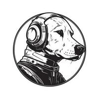 futuristische hond soldaat, wijnoogst logo lijn kunst concept zwart en wit kleur, hand- getrokken illustratie vector