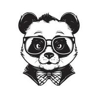 geek panda jongen, wijnoogst logo lijn kunst concept zwart en wit kleur, hand- getrokken illustratie vector
