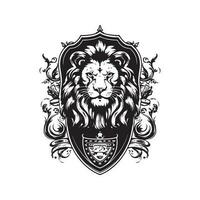 Koninklijk heraldisch leeuw, wijnoogst logo lijn kunst concept zwart en wit kleur, hand- getrokken illustratie vector