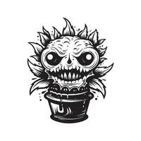 monster plant, wijnoogst logo lijn kunst concept zwart en wit kleur, hand- getrokken illustratie vector