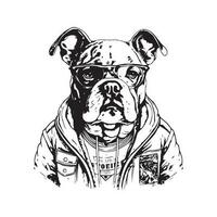 bulldog gekleed omhoog in stoppen, wijnoogst logo lijn kunst concept zwart en wit kleur, hand- getrokken illustratie vector