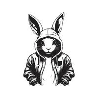 konijn vervelend capuchon, wijnoogst logo lijn kunst concept zwart en wit kleur, hand- getrokken illustratie vector