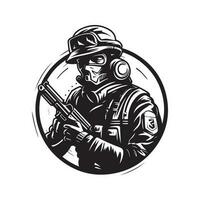 futuristische soldaat, wijnoogst logo lijn kunst concept zwart en wit kleur, hand- getrokken illustratie vector