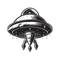 ruimteschip zweven, wijnoogst logo lijn kunst concept zwart en wit kleur, hand- getrokken illustratie vector