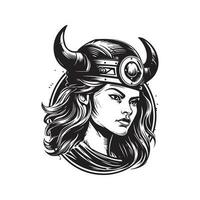 vrouw viking, wijnoogst logo lijn kunst concept zwart en wit kleur, hand- getrokken illustratie vector