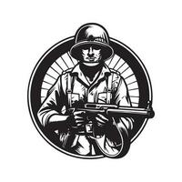 infanterist met wapen, wijnoogst logo lijn kunst concept zwart en wit kleur, hand- getrokken illustratie vector