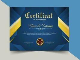 creatief certificaat van prestatie sjabloon ontwerp. luxe elegant blauw en goud diploma, zakelijke opleiding certificaat ontwerp vector