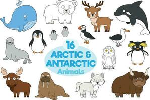 reeks van 16 arctisch en antarctisch dieren in tekenfilm stijl vector illustratie