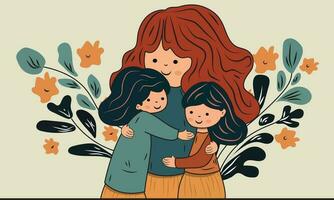 jong vrouw karakter knuffelen haar schattig kinderen Aan bloemen versierd achtergrond. vector