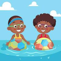 gelukkig twee Afrikaanse jongens karakter slijtage stofbril en spelen Amerikaans voetbal in water voor zwembad partij Aan zomer vakantie. vector
