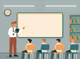 portret van mannetje geven presentatie van digitaal tablet in hoog klas. gelukkig leraren dag concept. vector