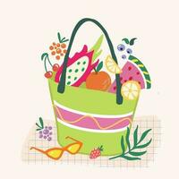vector illustratie van zomer zak met fruit en bessen binnen. hand getekend zonnebril, palm blad, aardbei samenstelling. zomer buitenshuis lunch picknick concept.