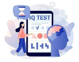 iq testen. intelligentie- quotiënt. klein vrouw bepalen cognitief vermogens in smartphone app. modern vlak tekenfilm stijl. vector illustratie Aan wit achtergrond