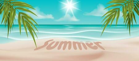 vector illustratie van een realistisch tropisch zeegezicht met palm bomen, een zanderig strand, en een blauw oceaan onder een zonnig lucht. perfect voor reizen en vakantie ontwerpen, affiches, en achtergronden. ontspannende uitstraling
