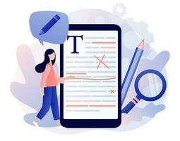 editor en copywriting Diensten online. bewerken in smartphone app. klein mensen tekstschrijvers controle Grammatica en spelling document bladzijde. modern vlak tekenfilm stijl. vector illustratie