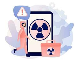 straling waarschuwing teken Aan smartphone scherm. nucleair giftig verspilling concept. klein mensen in radioactief bescherming pak. modern vlak tekenfilm stijl. vector illustratie Aan wit achtergrond