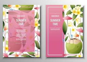 reeks van folder Sjablonen met strand kokosnoot cocktail en frangipani bloemen. tropisch vakantie, zomer vakantie. banier, poster met strand drankjes a4 grootte vector