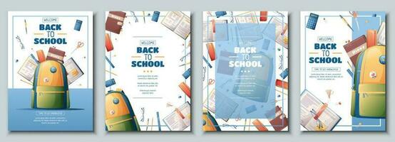 reeks van folder sjabloon met school- rugzak, boeken en studieboeken. school- tijd, terug naar school, onderwijs. folder, poster, banier grootte een 4 vector