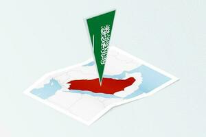 isometrische papier kaart van saudi Arabië met driehoekig vlag van saudi Arabië in isometrische stijl. kaart Aan topografisch achtergrond. vector